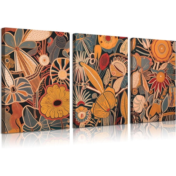 Aaroca 3Pcs Mid Century Modern Floral Canvas Wall Art for Living Room Abstract Flowers Bouquet Poster Prints Tan Boho Botanical Painting Pictures Antique Retro Plant Wall Decor for Bedroom Office