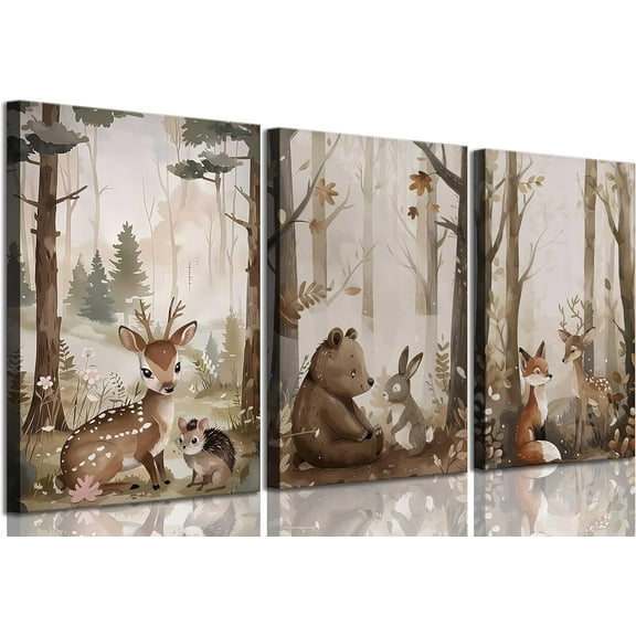 Aaroca 3Pcs Woodland Nursery Canvas Cute Vintage Forest Wild Animals Bear Deer Fox Landscape Watercolor Painting Picture Wall Decor Poster Print Artwork 8"x10"or10"x8",Unframed(Only Canvas)