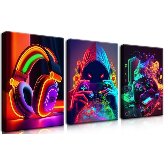 Aaroca 3pcs Wall Art Gaming Room Decor Neon Video Game Theme Canvas Posters for Teen Boys Bedroom Playroom Esports Setup Ready to Hang