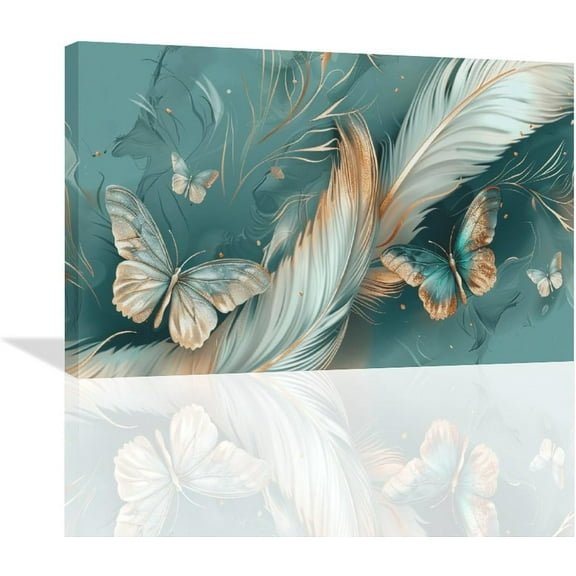 Aaroca Abstract Wall Art Aqua Blue Feather Butterfly Pictures Wall Decor Master Over Above Bed Canvas Prints Horizontal Unframed Artwork Painting Home Office Decorations For Living Room Bedroom