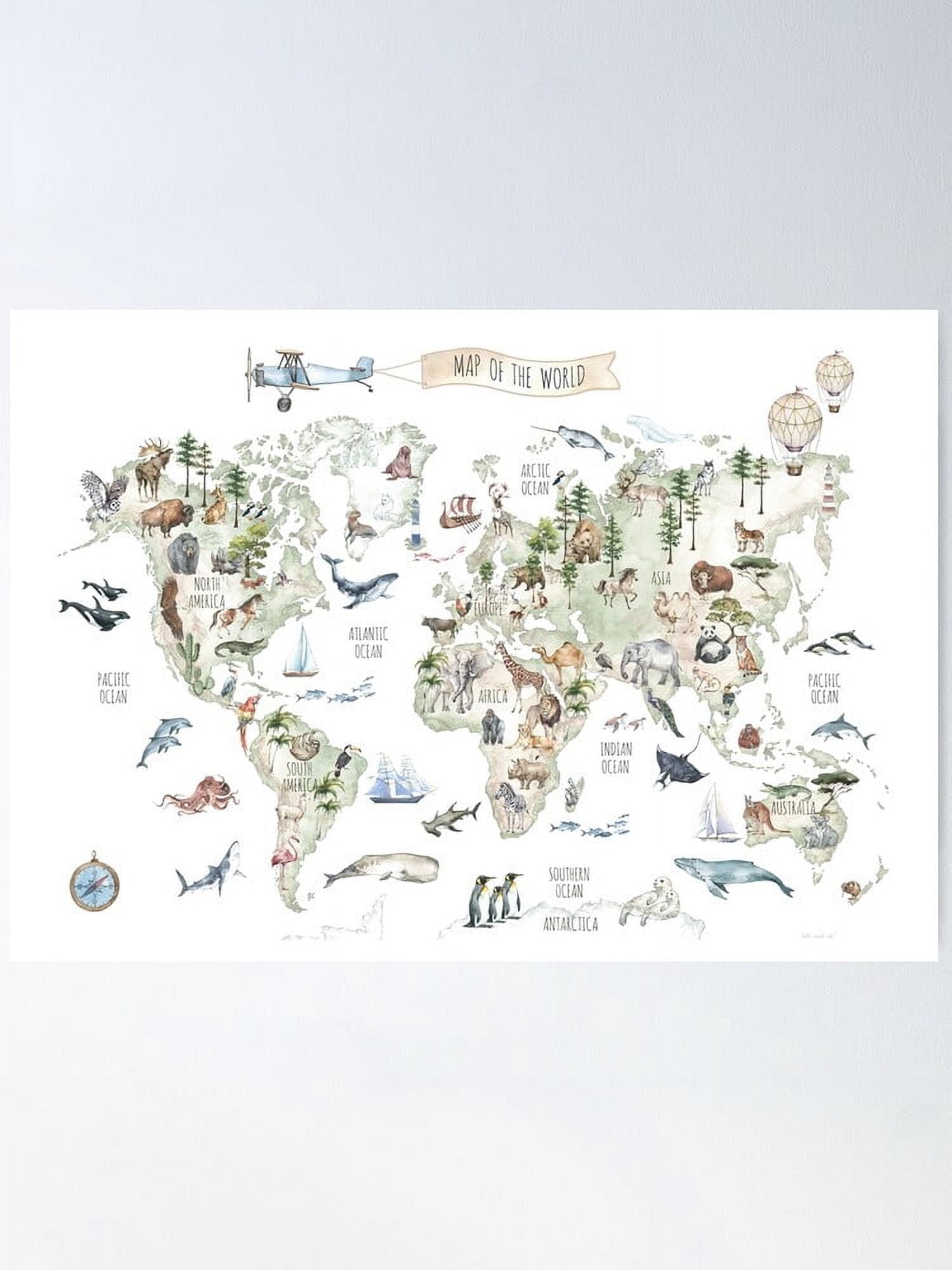 Aaroca Animal Kids World Map Poster Canvas Poster - Modern Wall Art for ...