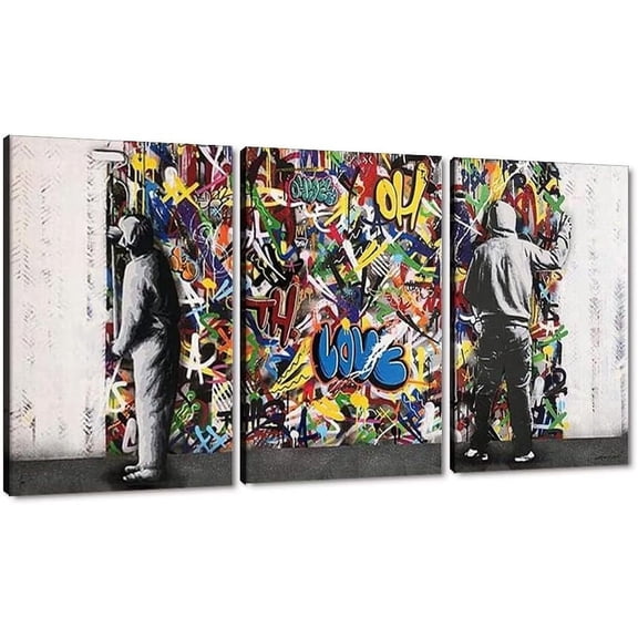 Aaroca Banksy Canvas Wall Art 3 Panels Graffiti Posters Abstract Street Pop Artwork for Living Room Bedroom Office Modern Wall Decor Ready to Hang
