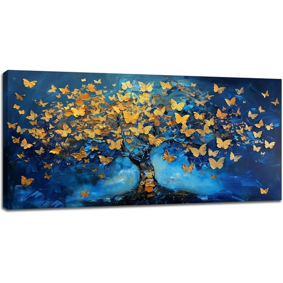 Aaroca Blue Canvas Wall Art Golden Butterfly Tree Pictures Wall Decor Master Over Above Bed Unframed Artwork Paintings Home Office Decorations for Living Room Bedroom Dinning Room Kitchen
