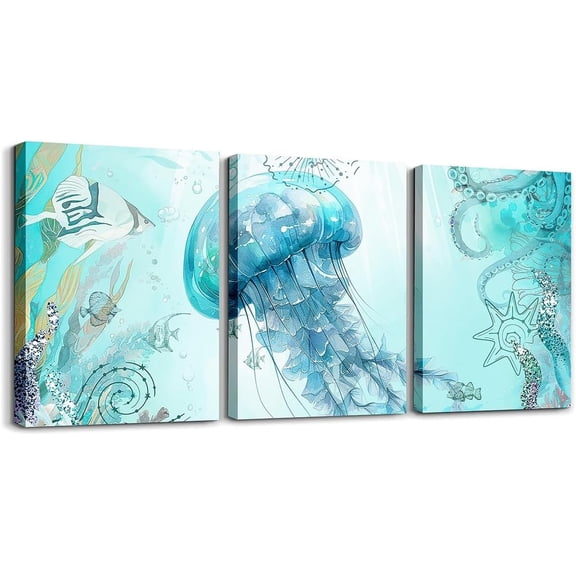 Aaroca Boys Girls Jellyfish Wall Painting Posters and Prints Ocean Kids Picture Wall Decor Sea Canvas Wall Art for Living Room Bedroom Ocean Coastal Bathroom Wall Art 3Pcs