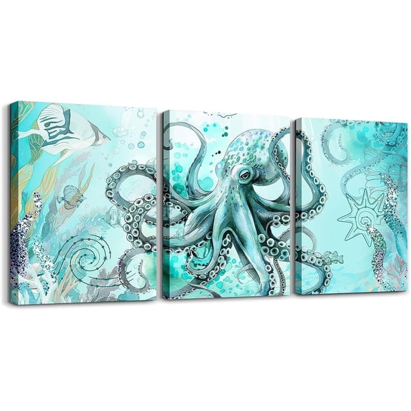 Aaroca Boys Girls Octopus Kids Picture Wall Decor Ocean Canvas Wall Art for Living Room Bedroom Sea Octopus Wall Painting Posters for Toddler Ocean Coastal Bathroom Wall Art 3Pcs