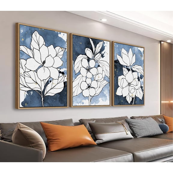 Aaroca Canvas Wall Art - Natural Float White Flowers Leaves Pictures for Living Room Decor Indigo Botanical Artwork Plants for Bedroom Kitchen Home Office Decoration Set of 3, 8"x10"or10"x8",Unframe
