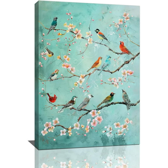 Aaroca Farmhouse Birds Wall Art Country Birds on Branch Pictures Wall Decor Colorful Birds Print Painting Peach Blossoms Bloom Artwork for Kitchen Bathroom Bedroom Living Room