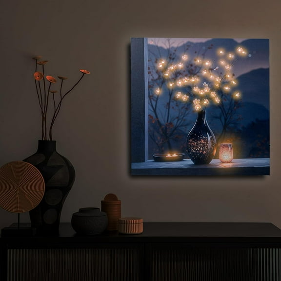 Aaroca Flower LED Canvas Wall Art with Candle Lights flameless candles and Timer, Battery Operated Zen Den Decor for Bedroom or Home Gift (Shiny Flower)