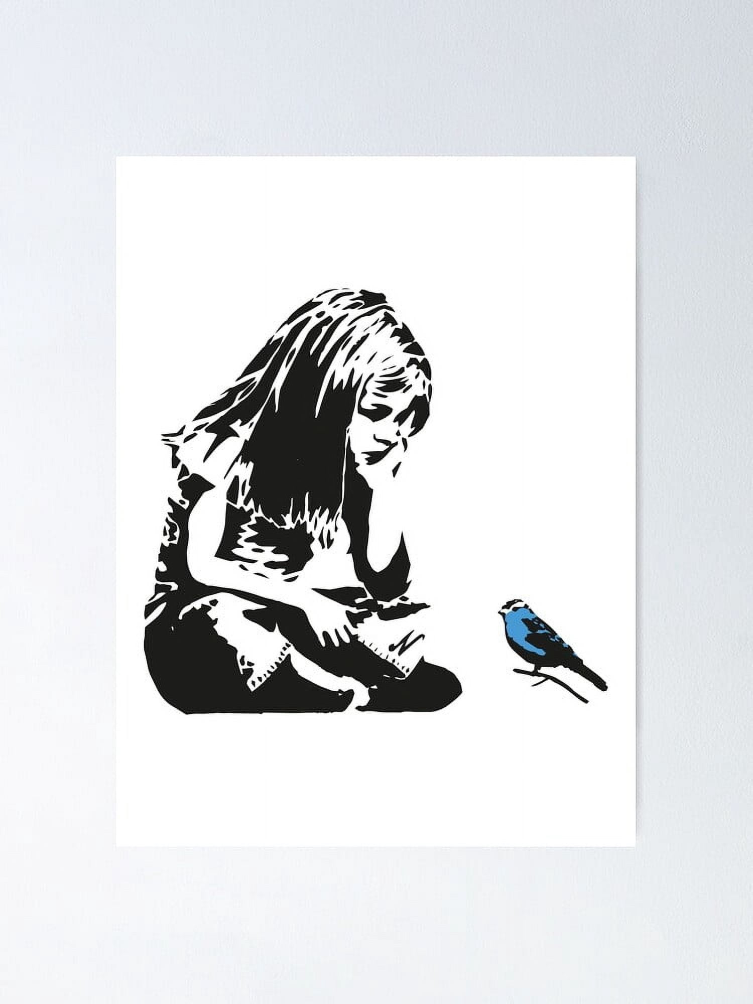 Riproduzione Banksy Con Cornice Stampa Su Tela Banksy 'Girl With Blue Bird' - Riproduzione Graffiti Arte Urbana - Incorniciata Quadro Verticale - Foto 6
