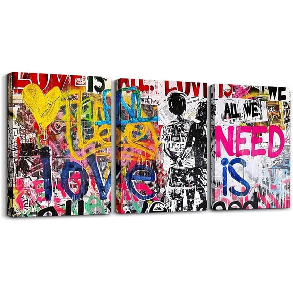 Aaroca Graffiti Wall Art 3Pcs - Hippie Street Culture Canvas Wall Art Modern Abstract Wall Decor for Home, Watercolor Grunge Style Poster Prints Ready To Hang
