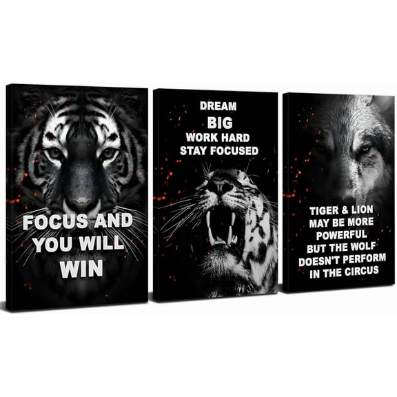 Aaroca Inspirational Men Wall Decor Tiger Lion Wolf Pictures Motivational Wall Posters Black and White Canvas Positive Motivational Saying Quotes Paintings 3Pcs 8"x10"or10"x8",Unframed(Only Canvas)