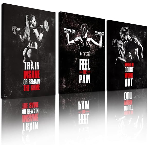 Aaroca Motivational Gym Wall Art, Inspirational Workout Room Wall Decor Set of 3, Woman Bodybuilding Lifter Positive Canvas Art Print for Home Gym Exercise Classroom Decor