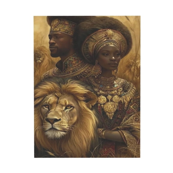 Aarocafa – African Royalty & Lion Unframed Canvas Poster – Cultural Elegance Art for Timeless Spaces | African Art Print | Cultural Wall Decor | Elegant & Timeless – 20x24in