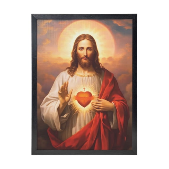 Aarocafa Black Frame Sacred Heart of Jesus Canvas Art – Divine Mercy Christian Wall Decor 16x24" | Christ Jesus Portrait Art | Bold Religious Decor | Ready-to-Hang Spiritual Living Room Bedroom Art