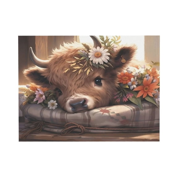 Aarocafa Floral Highland Calf Canvas Art – Whimsy Core Farm Decor | Cozy Gingham Pillow Print – 8x10in – Unframed Nursery & Living Room Wall Accent