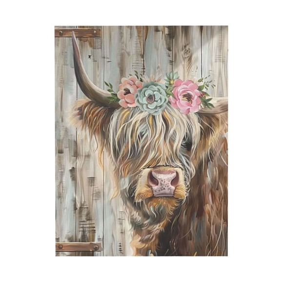 Aarocafa – Floral Highland Cow Canvas Art | Cottage Core Vintage Farmhouse Print | Flower-Crowned Cow Decor – Unframed Whimsical Home Accent for Dining/Bedroom – 8x10in – Unframed