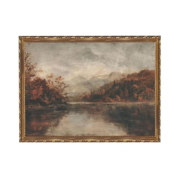 Aarocafa – Gold Frame Misty Lake Landscape Canvas Poster Wall Decor – Luxe Rustic Nature Art for Elegant Spaces – Vintage Style | High-Quality Print – 16x24in – Gold Frame