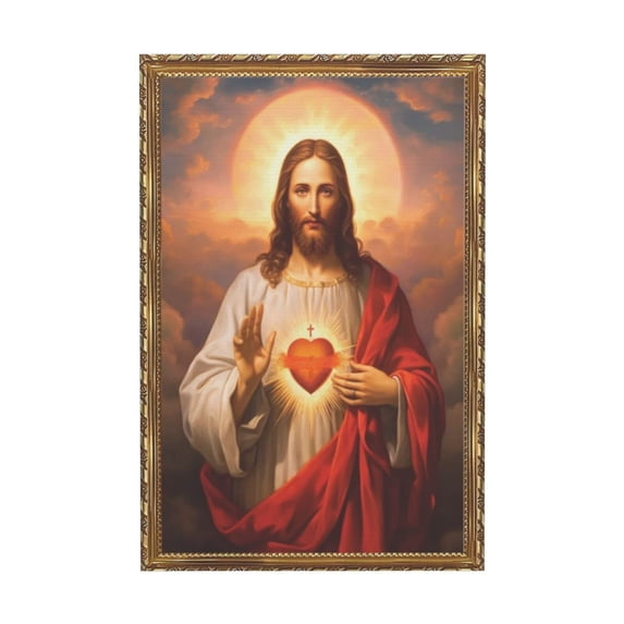 Aarocafa Gold Frame Sacred Heart of Jesus Canvas Art – Divine Mercy Christian Wall Decor 20x24" | Christ Jesus Portrait Art | Luxe Religious Decor | Ready-to-Hang Spiritual Living Room Bedroom Art