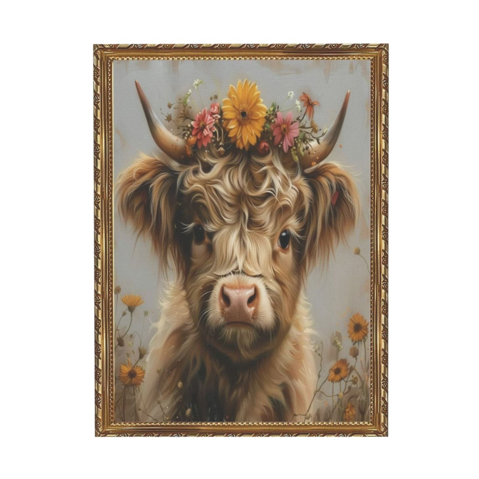 Aarocafa Gold Plastic Frame Floral Highland Cow Wall Art-Luxe Canvas Print 12x12"|Shimmering & Scratch-Resistant Artwork|Glam Rustic Decor for Living Room,Home Office|Ready-to-Hang Wall Picture