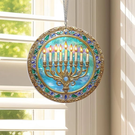 Aarocafa Gorgeous Hanukkah Menorah Tiffany-Style Acrylic Window Hanging 8"x8" – Sleek Jewish Decor for Home, Office, Restaurant & Synagogue; 2mm-Thick, Lightweight, Eco-Friendly & Simple to Maintain