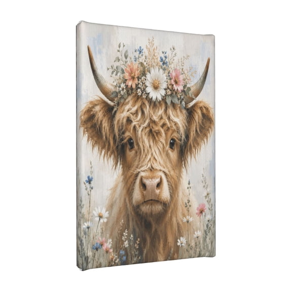 Aarocafa Inner Wood Frame Floral Highland Cow Wall Art-Gallery-Style Canvas Print 12x12"|Lightweight & Renter-Friendly Artwork|Depth-Enhancing Decor for Living Room,Home|Vintage Wall Picture