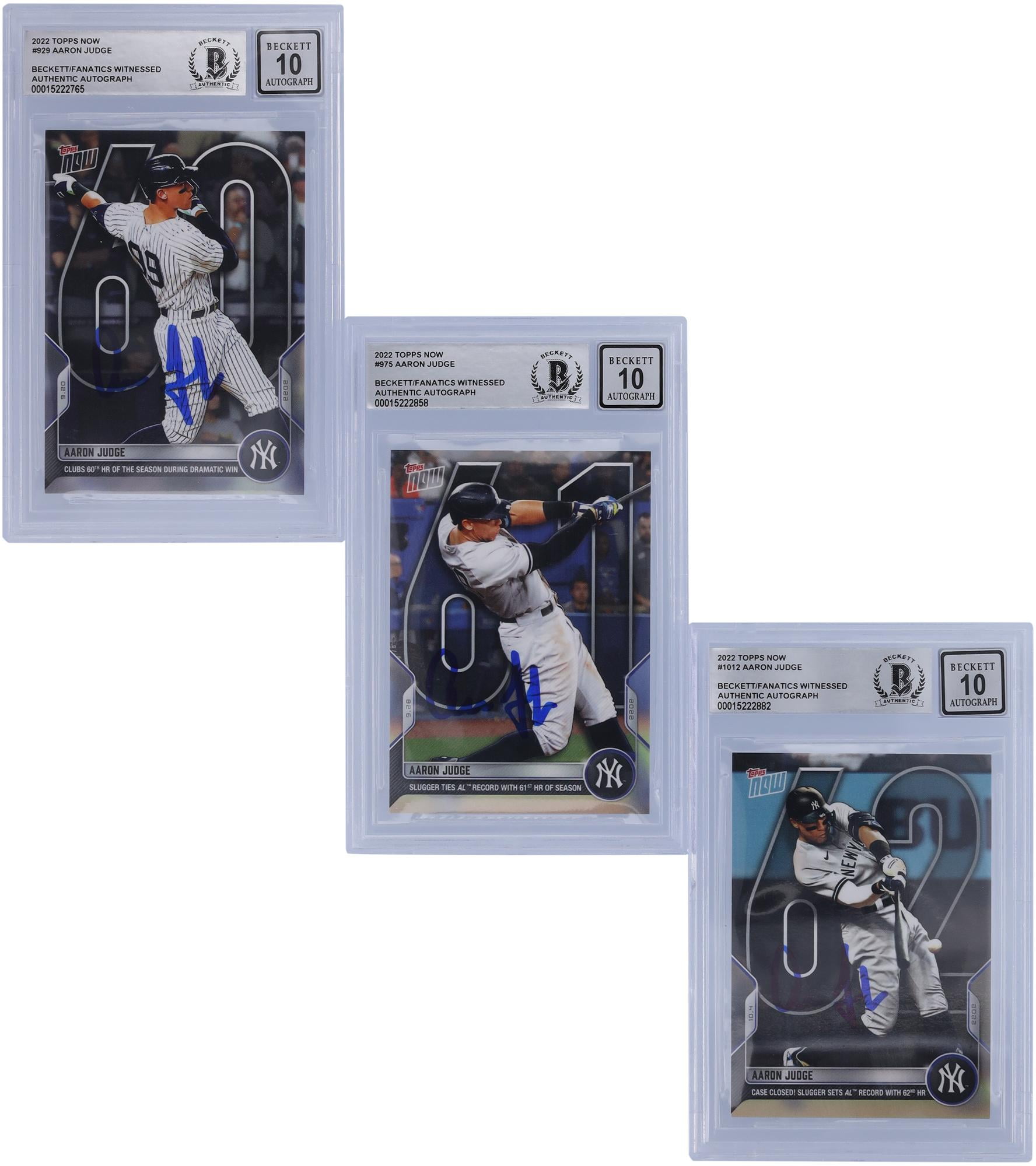 Aaron Judge New York Yankees Autographed 2022 Topps Now HR 60,61,62 Set #929,975,1012 Beckett Fanatics Witnessed Authenticated 10 Card - Fanatics Authentic Certified