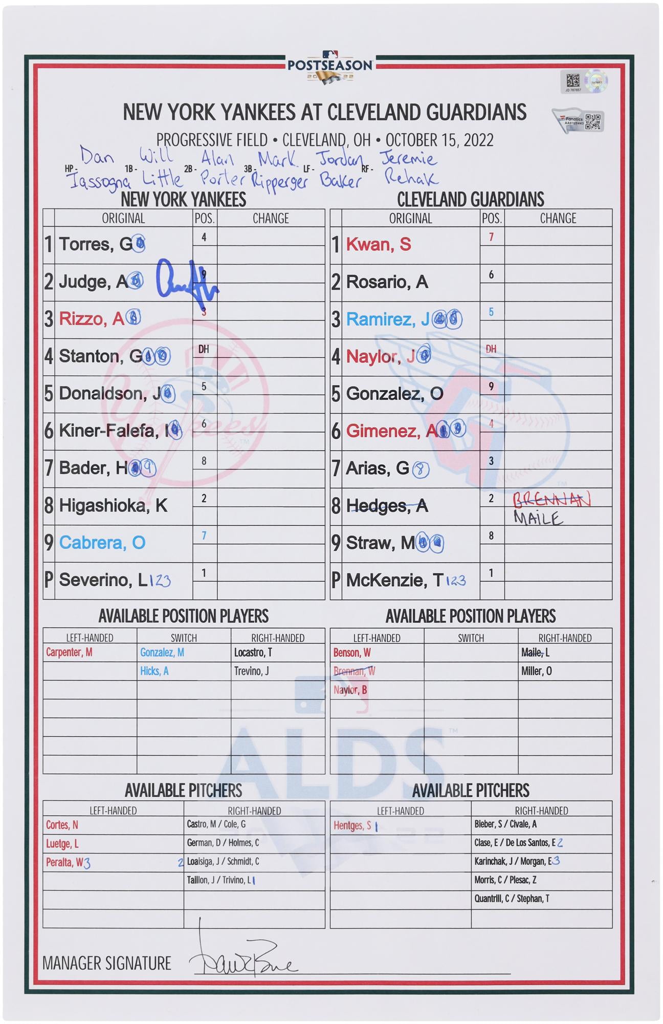 Aaron Judge New York Yankees Autographed GameUsed Lineup Card vs