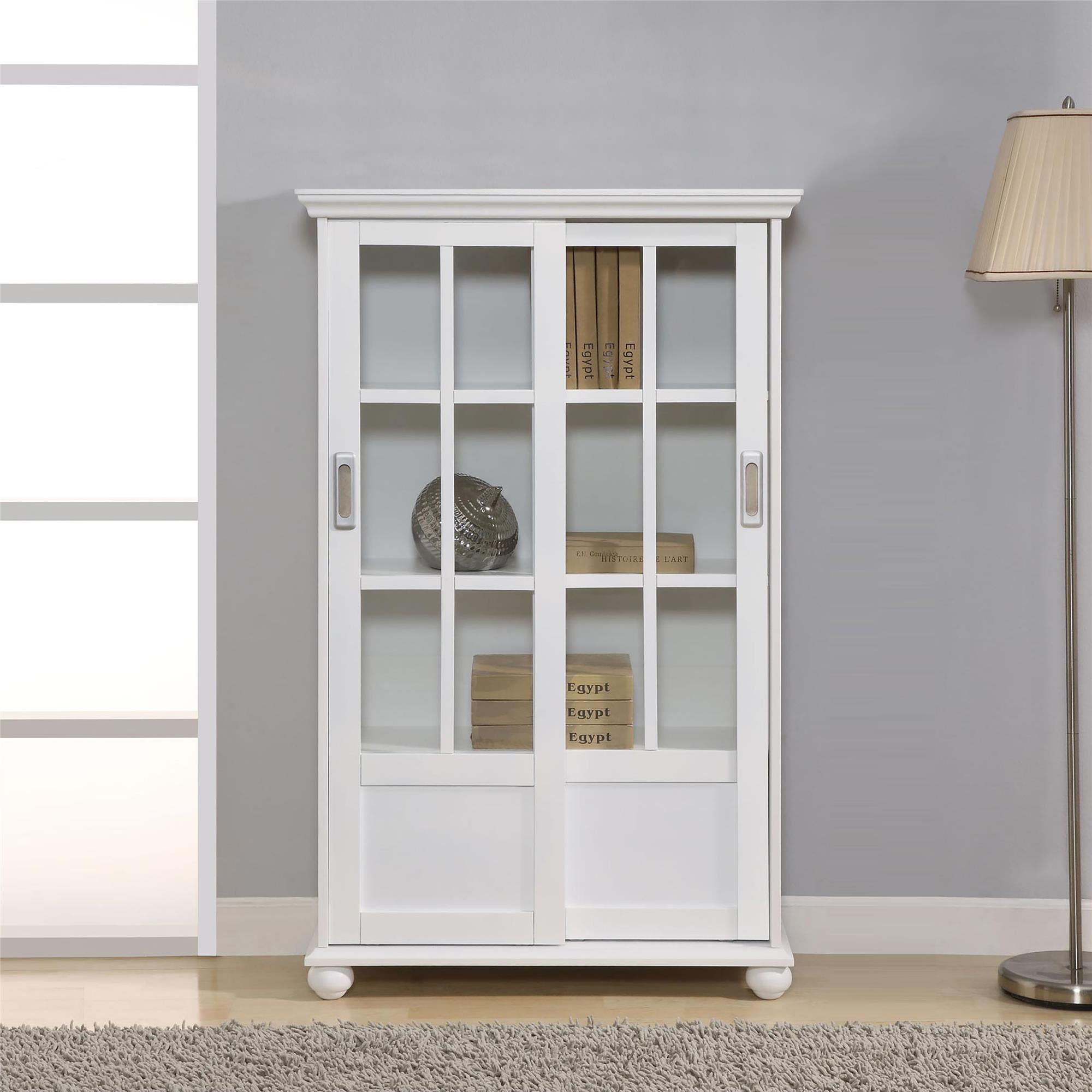 White Adjustable Wood Bookcase with Sliding Glass Doors