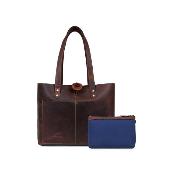 Aaron Leather Goods Genuine Leather Work Totes with Pouch for Women Handbag - Brown