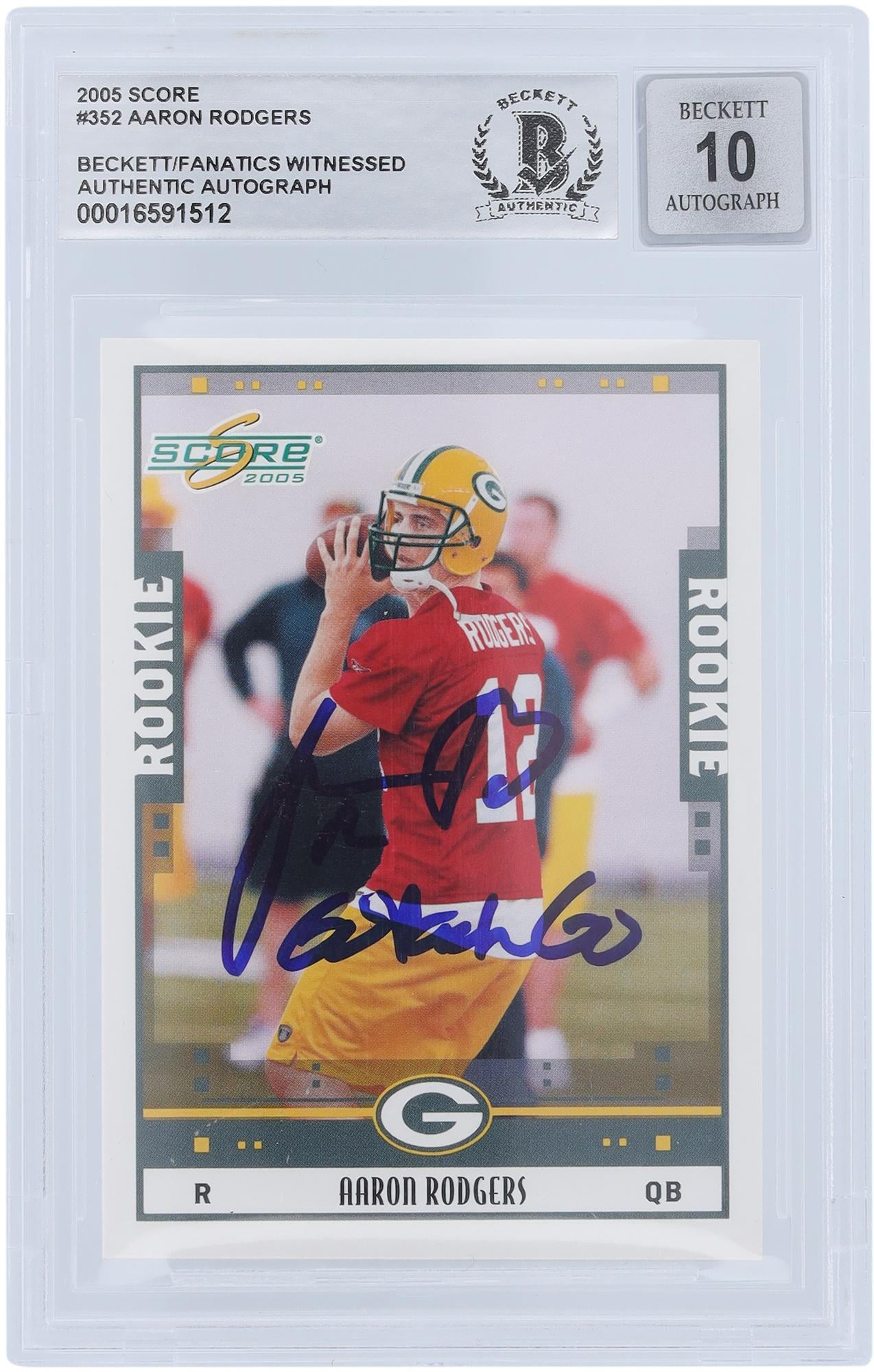 Aaron Rodgers Green Bay Packers Autographed 2005 Score #352 Beckett Fanatics Witnessed Authenticated 10 Rookie Card with "Go Pack Go" Inscription - Fanatics Authentic Certified