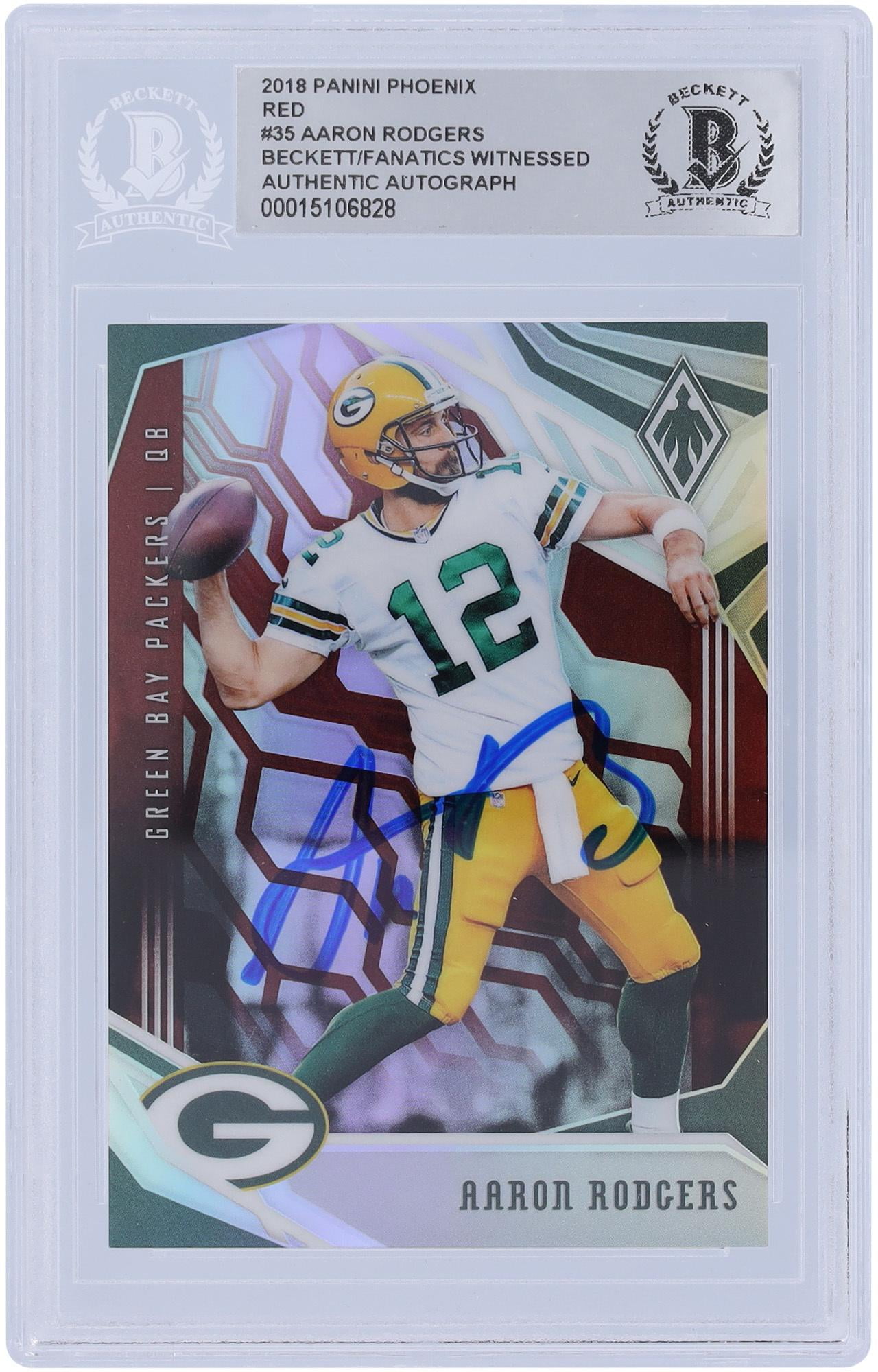 Aaron Rodgers Green Bay Packers Autographed 2019 Panini Phoenix Red Variation #35 #4/299 Beckett Fanatics Witnessed Authenticated Card - Fanatics Authentic Certified