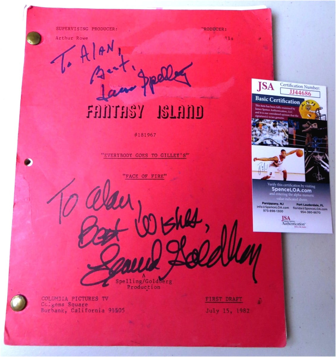 Aaron Spelling Leonard Goldberg Autographed Script Fantasy Island JSA ...