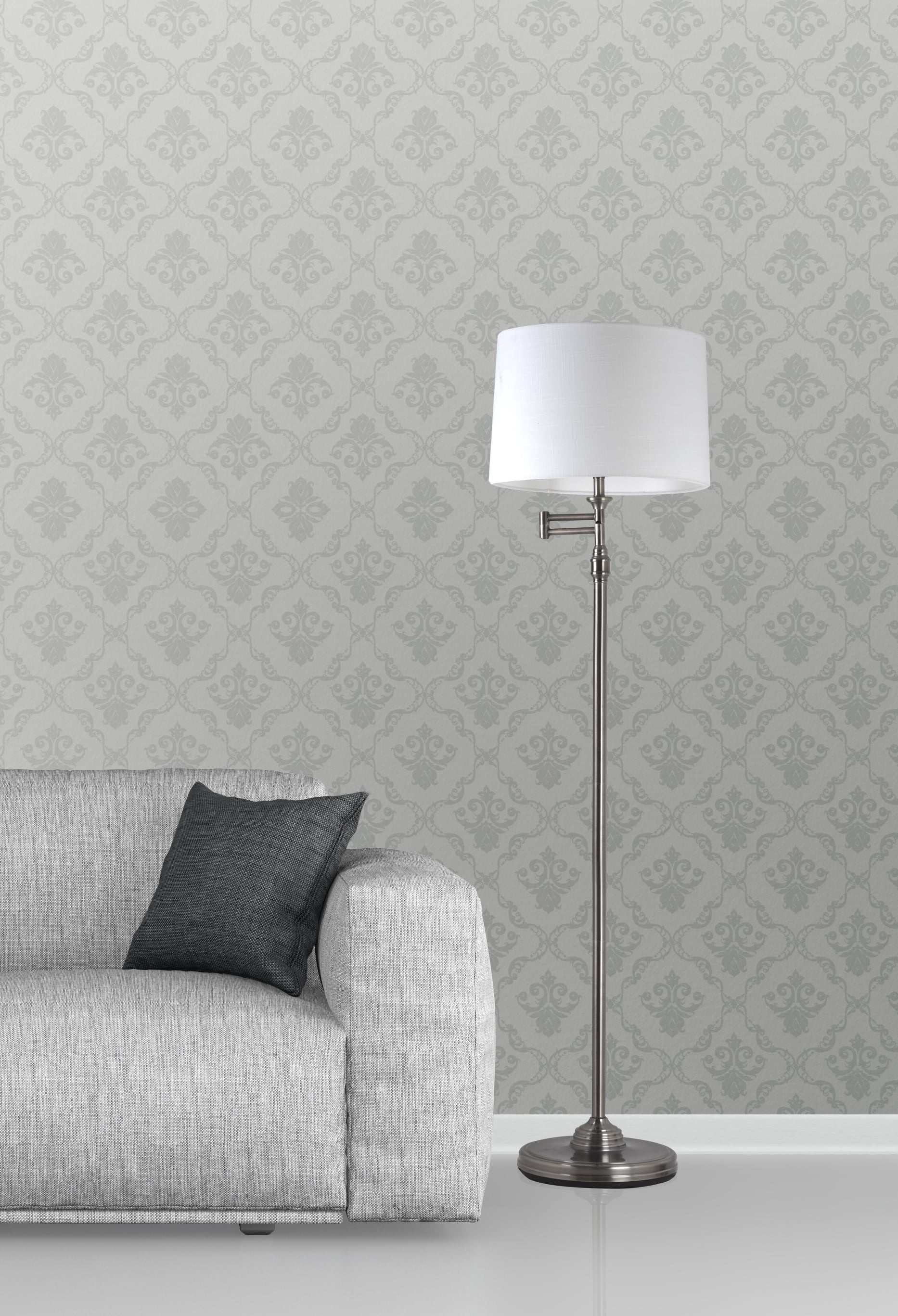 Aaron 57" Adjustable Swing Arm Floor Lamp in Silver with Linen Shade