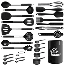 Aartvark Tees Kitchen Utensils Set,26 Piece Stainless Steel Silicone Cookware,Kitchen Spatula, Spoon, Turning Tongs, Brush, Whisk (Black)