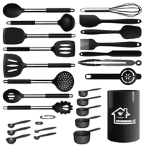 Aartvark Tees Kitchen Utensils Set,26 Piece Stainless Steel Silicone Cookware,Kitchen Spatula, Spoon, Turning Tongs, Brush, Whisk (Black)