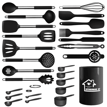 Aartvark Tees Kitchen Utensils Set,26 Piece Stainless Steel Silicone Cookware,Kitchen Spatula, Spoon, Turning Tongs, Brush, Whisk (Black)