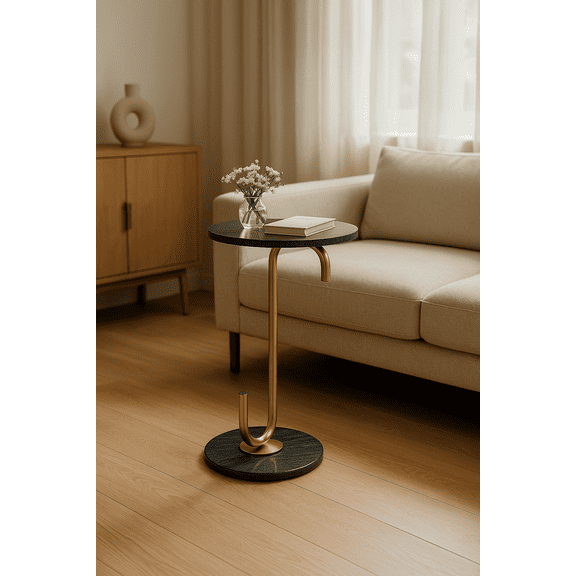 Aarvum Aria Side Table Black Marble Top & Base with Gold Metal Frame, Sculptural Modern Accent Table for Luxury Home Interiors