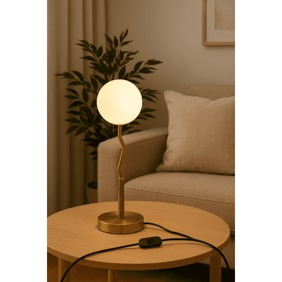 Aarvum Lumous Table Lamp  Sculptural Gold Metal Base with Frosted Opaline Glass Globe, Modern Accent Lighting for Bedroom or Living Room