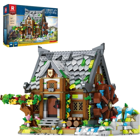 Aasimar Medieval Building Set for Adults Watermill Cabin1873 PCS Medieval House with Rotating Water Wheel, Architecture Collectible Building Bricks Kit