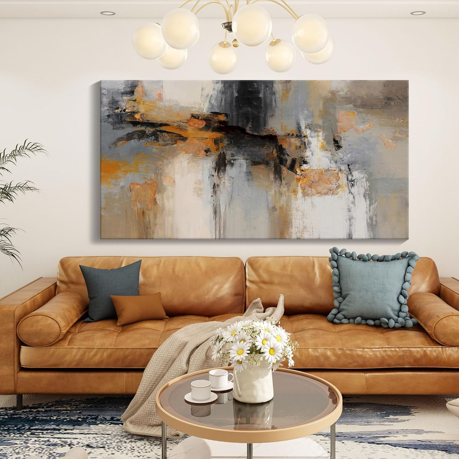 AatoeaX Abstract Canvas Wall Art - Gray and Orange Paintings - Modern ...