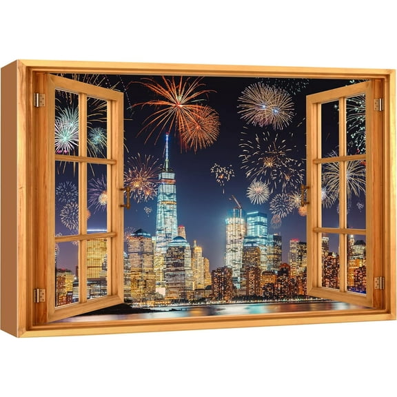 AatoeaX Canvas Print Wall Art Window View NYC 4th of July Night Fireworks Celebrations & Holidays Nature Photography Realism Landscape Colorful Multicolor for Living Room, Bedroom, Office