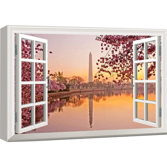 AatoeaX Canvas Print Wall Art Window View Washington Monument & Cherry Blossoms Nature Wilderness Photography Modern Art Rustic Scenic Colorful Multicolor for Living Room, Bedroom, Office