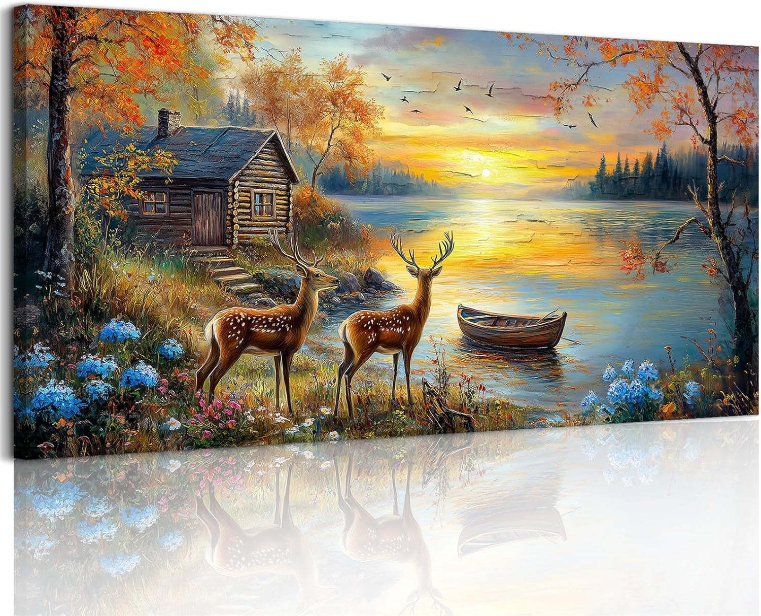 AatoeaX Canvas Wall Art Animal Landscape Art Prints Elk Deer Room Decorations Pictures Lake