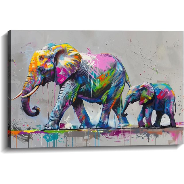 AatoeaX Elephant Canvas Wall Art Elephant with Cub Picture Graffiti