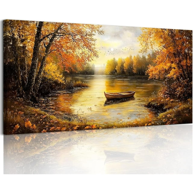 AatoeaX Fall Landscape Canvas Wall Art Living Room, Lake Boat Forest