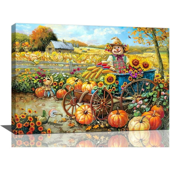 AatoeaX Farmhouse Autumn Wall Art Fall Harvest Wall Decor Pumpkin Patch Sunflower Barn Pictures Scarecrow Canvas Print Painting Artwork for Kitchen Living Room Bedroom