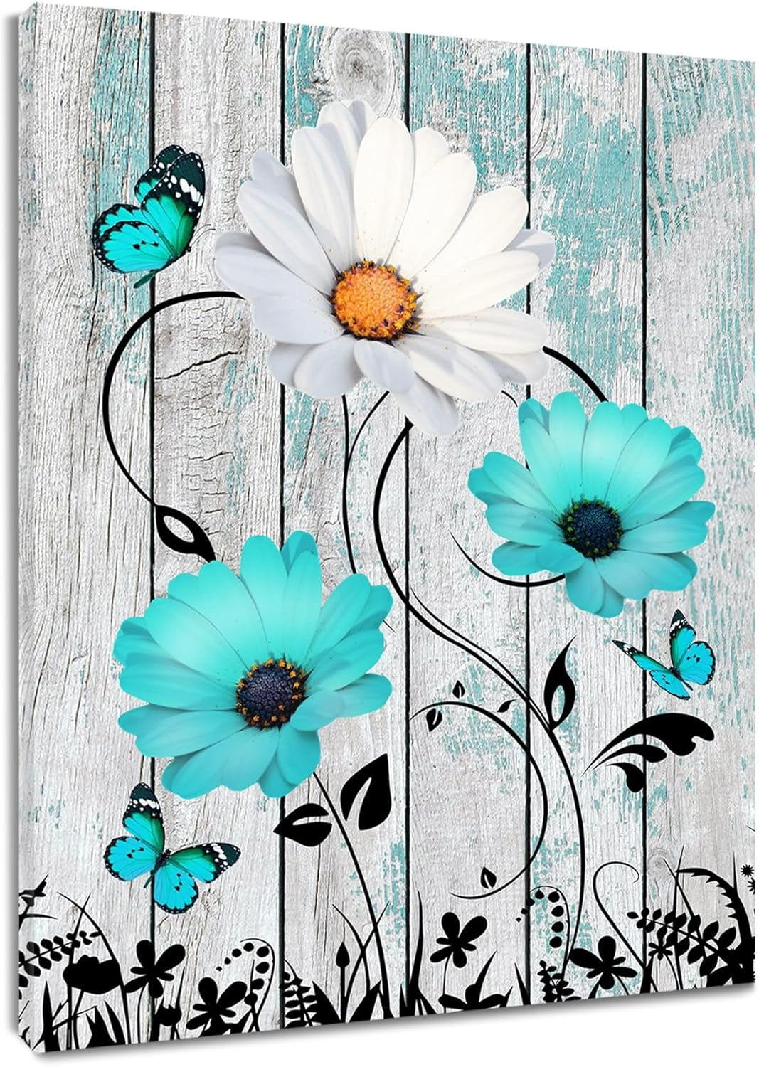 AatoeaX Farmhouse Turquoise Floral Canvas Wall Art Teal Blue and White ...