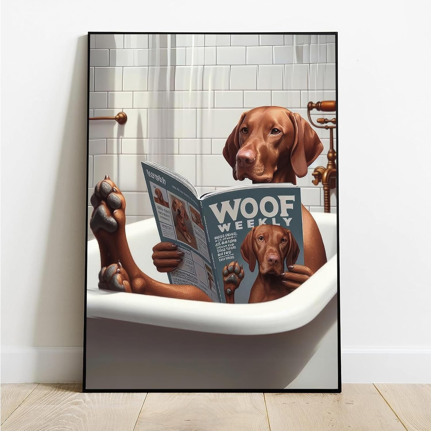 OWNANRTHM Dog Bathroom Wall Art Dog Toilet Painting Black And White Animal Bathroom Canvas Wall Art Funny Pet Animal Toilet Paper Poster Pictures For Bath Restroom Wall Framed 8X10 Inch