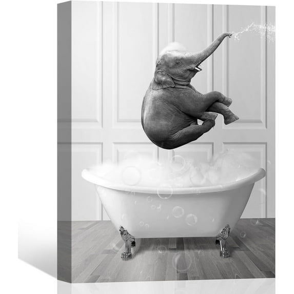 AatoeaX Funny Bathroom Decor Black and White Animals Wall Art Cute Baby Elephants Bathing Canvas Prints Pictures Modern Artwork for Kids Room Bedroom Home Decoration