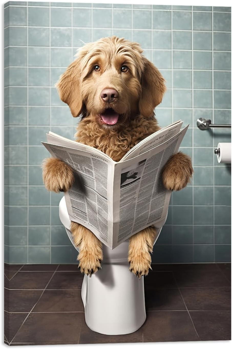 AatoeaX Funny Dog Bathroom Canvas Wall Art, Dog on Toilet Reading ...